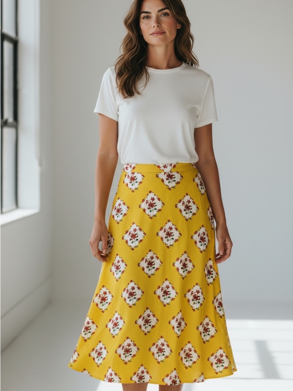 Sugarlips Yellow Floral A-Line Midi Skirt